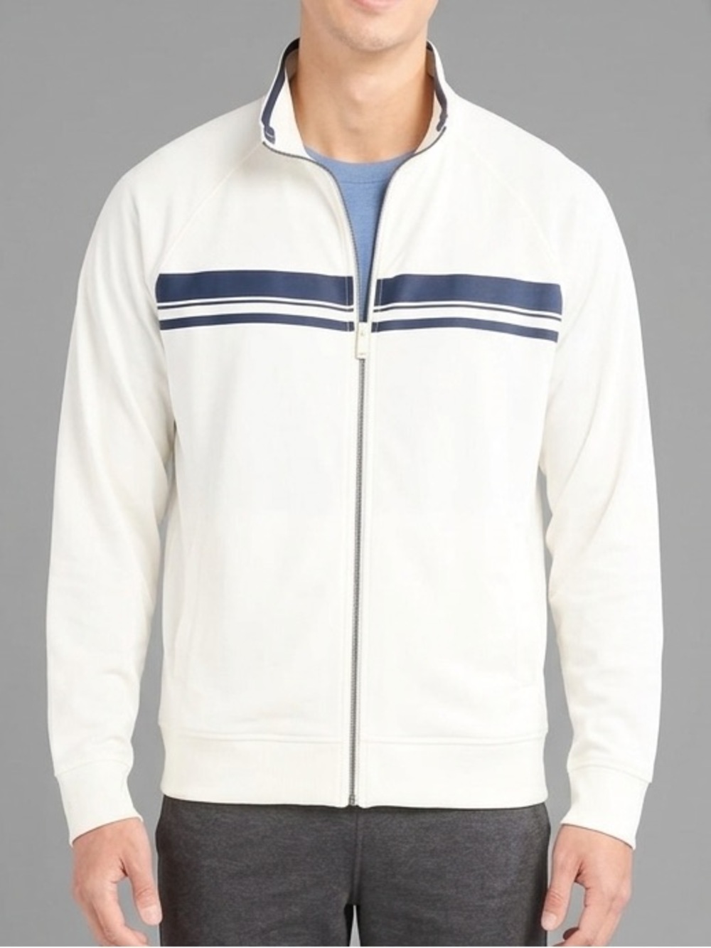 Athletic Works White Zip-Up Sweater with Navy Stripes
